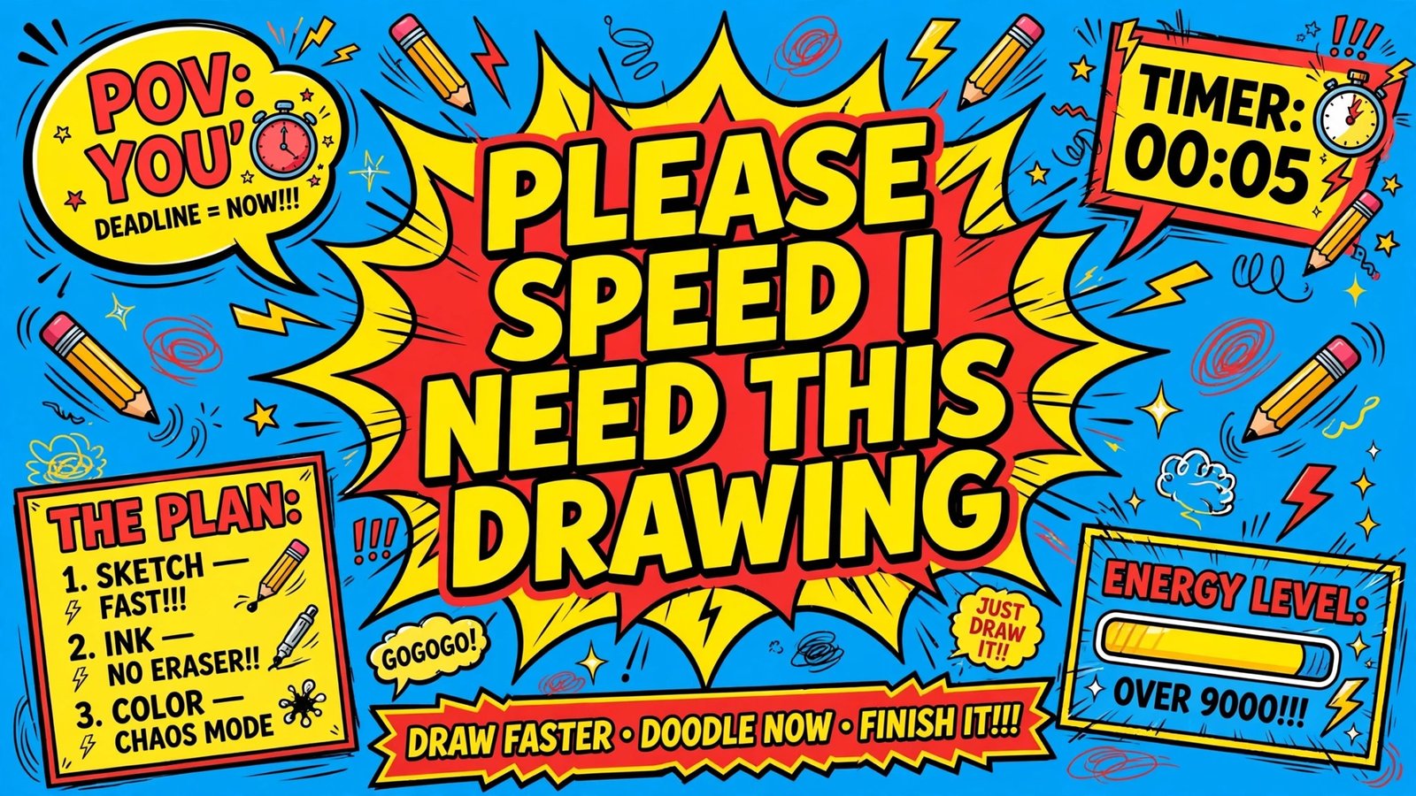 Step-by-step cartoon drawing tutorial of the Please Speed I Need This meme face
